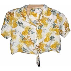 April Kiss blouse women's size XL Linen blend‎ Tie Front Button Down pineapple